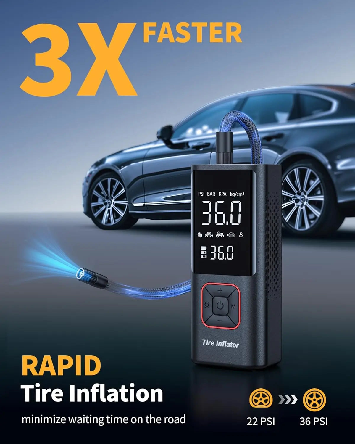 Cordless Tire Inflator 150PSI Portable Air Compressor with Auto Shutoff, LED Light for Car, Motorcycle, Bike