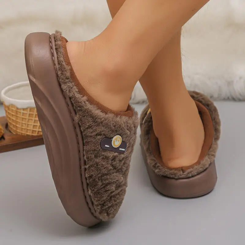 Thick Sole Plush Winter Slippers for Women Indoor House Chunky Platform Fluffy Slippers Woman Non Slip Warm Couples Cotton Shoes