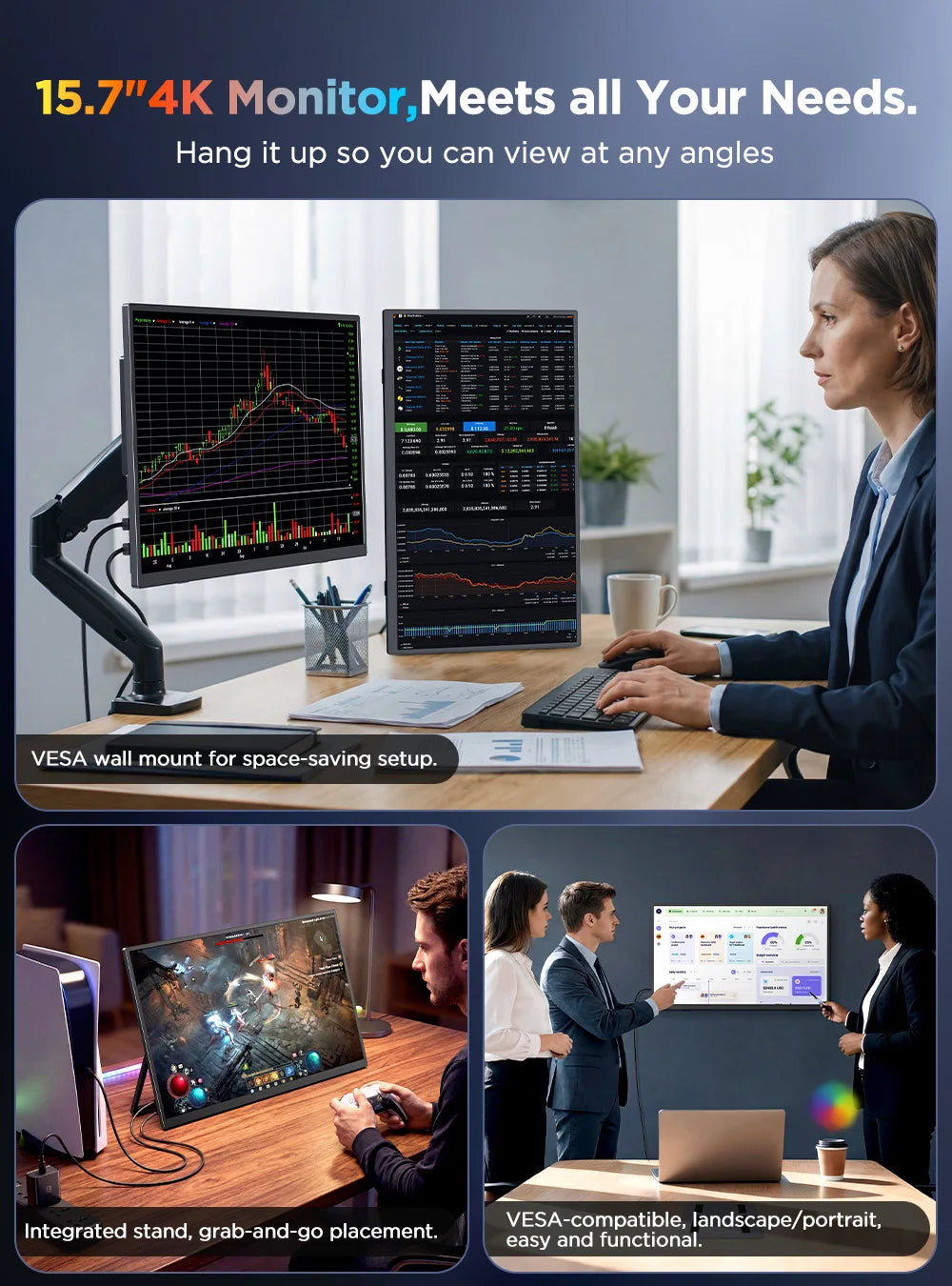 UPERFECT 4K Portable Monitor Touchscreen 15.7” 100% sRGB Laptop Monitor 3840 * 2160 UHD 350 Nits Ultra-Slim USB-C & MINI HDM VESA & Stand Travel Screen for Computer PC Game Consoles
