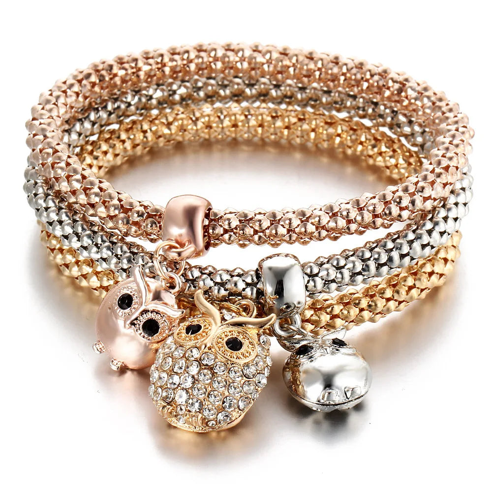 3Pcs Fashion Heart Bracelet Set For Women Crystal Owl Lock Key Music Sign Butterfly Elephant Charm Bangle Party Jewelry Gift