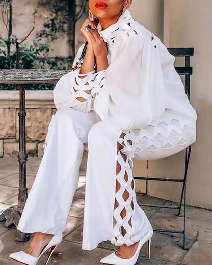 Wmstar 2 Piece Set Women Plus Size Hollow Out Sexy Young Daily Soft Full Sleeve Fashion Pants Wide Leg Wholesale Dropshipping