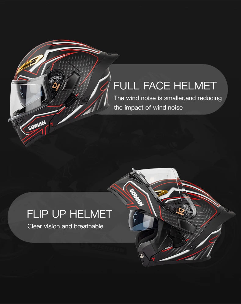 SOMAN Full Face Helmet Dual Lens Flip Up Motorcycle Helmets Casco Accessories Men Women Casque Moto Racing DOT Approved Visor