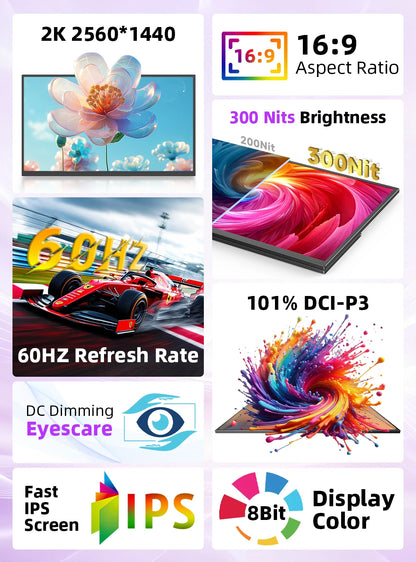 EVICIV 22" 2K Portable Monitor 2560*1440P 100%DCI-P3 QLED External Screen For Loptop Phone With HDMI Computer Display Extension