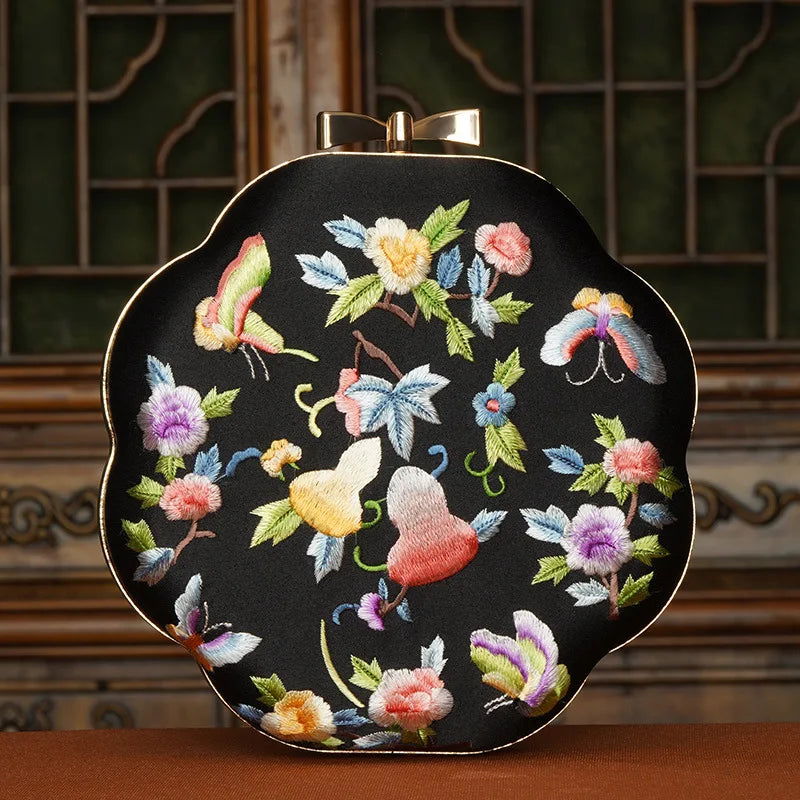 Cape-Bay Embroidered Women's Bag with Cheongsam, Chinese Classical Flower Embroider Small Bag Flower Cloth Bag, Gold Edged Gold Lock Chain Bag, Fashionable Niche Black Flower Cloth Bag, Banquet Party Casual Shoulder Bag, Cros