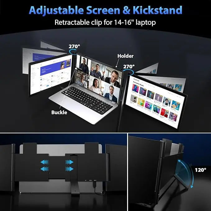 Laptop Screen Extender 14" 1080P Portable Triple Monitor with 270° Automatic Rotation for Wins Mac Dex XBOX Switch Steam Decks