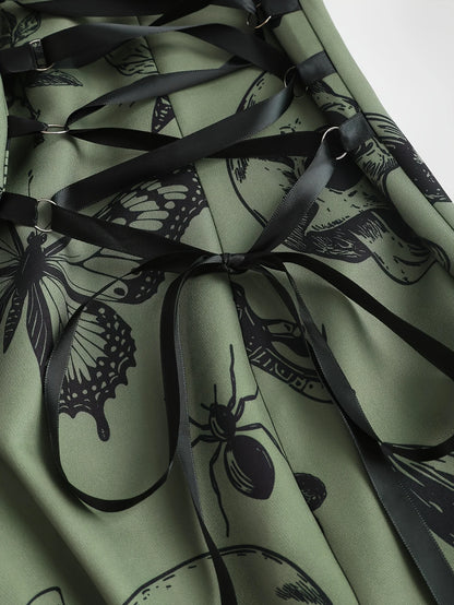 European and American trend oversized ladies slimming shoulder strap zipper full print skull pattern dress