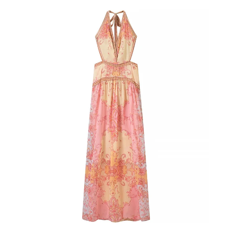 Vintage Floral Halter Deep V Neck Women's Dress Sexy Side Waist Cutout Flowy Long Sundress Summer New Chic Vacation Party Outfit