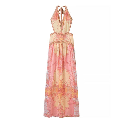 Vintage Floral Halter Deep V Neck Women's Dress Sexy Side Waist Cutout Flowy Long Sundress Summer New Chic Vacation Party Outfit