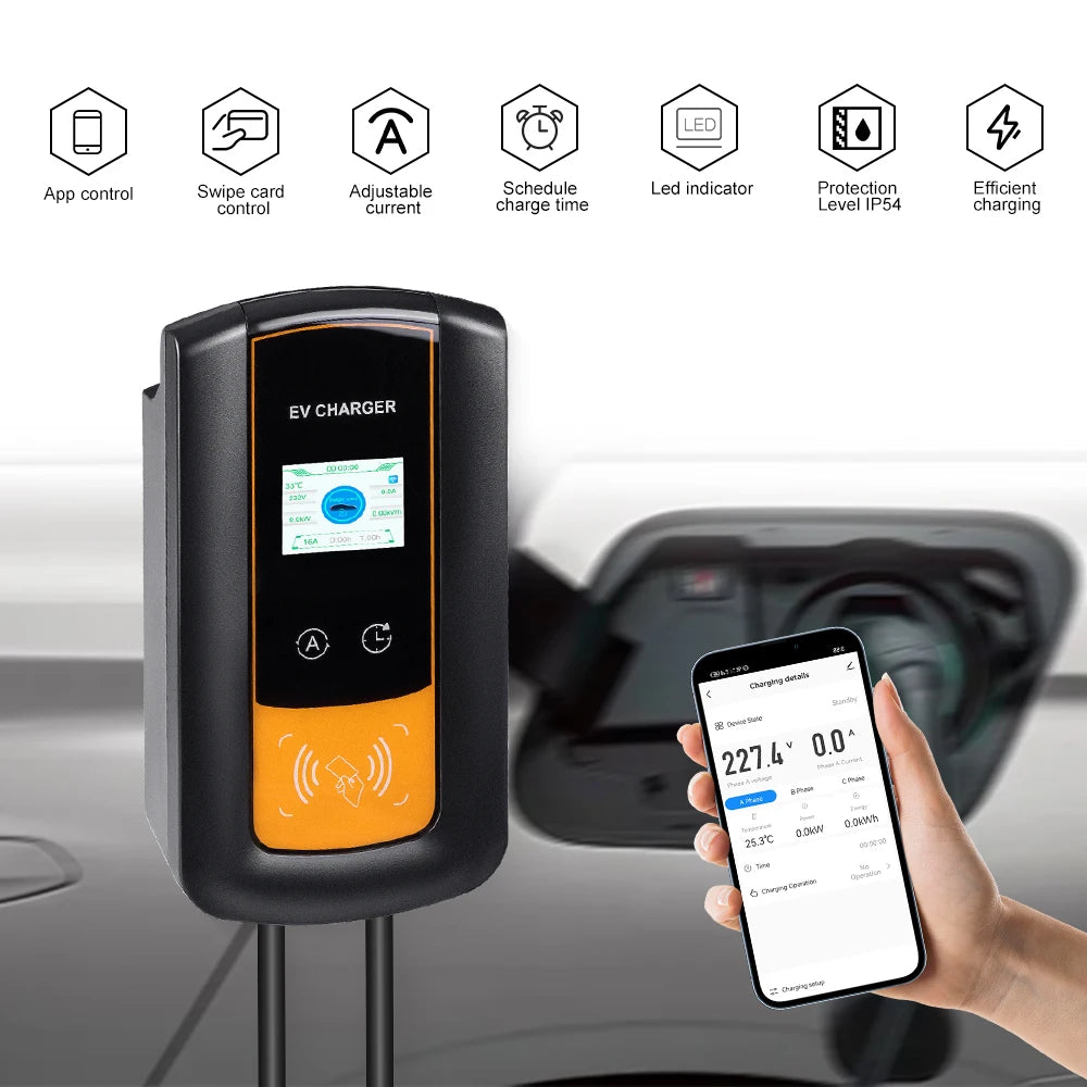 IPENGEN 22KW 32A 3Phase EV Charging Station Type2 IEC62196-2 Electric Car Charger 5m Cable EVSE Wallbox WIFI APP Control