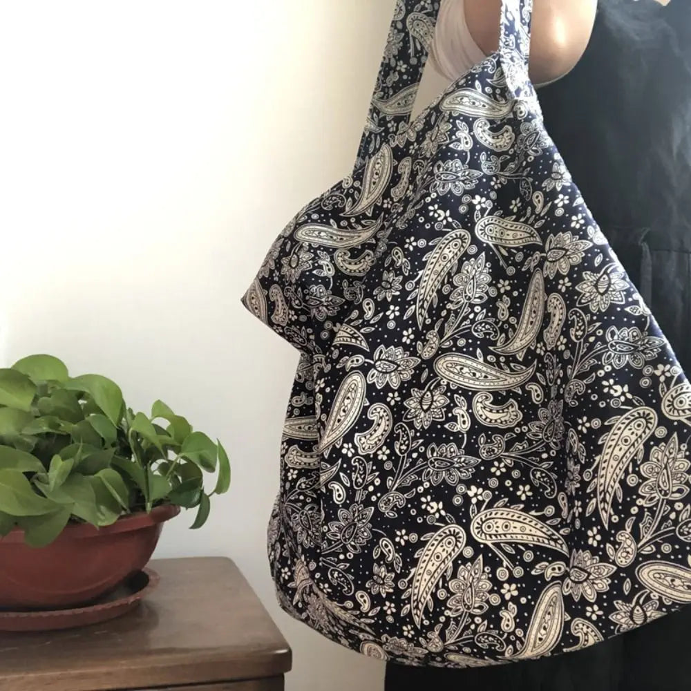Portable Cotton Shopping Bag Bandanna Print Open Pocket Handbags Reusable High-capacity Books Bag Travel