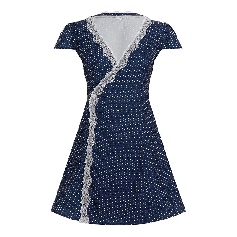[RUOKE] French Elegant Street Dress Women Polka Dot Dress Sexy Lace Trim V Neck Mini Dress A-line Summer Casual Daily Outfit Y2K