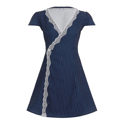 [RUOKE] French Elegant Street Dress Women Polka Dot Dress Sexy Lace Trim V Neck Mini Dress A-line Summer Casual Daily Outfit Y2K