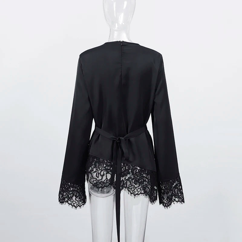 Tie Up Lace Women's Top Sexy O-neck Patchwork Irregular Full Sleeves Blouse Female 2026 Spring Fashion All Match Woman Shirts