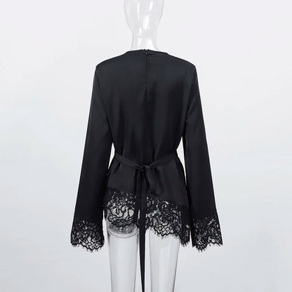 Tie Up Lace Women's Top Sexy O-neck Patchwork Irregular Full Sleeves Blouse Female 2026 Spring Fashion All Match Woman Shirts