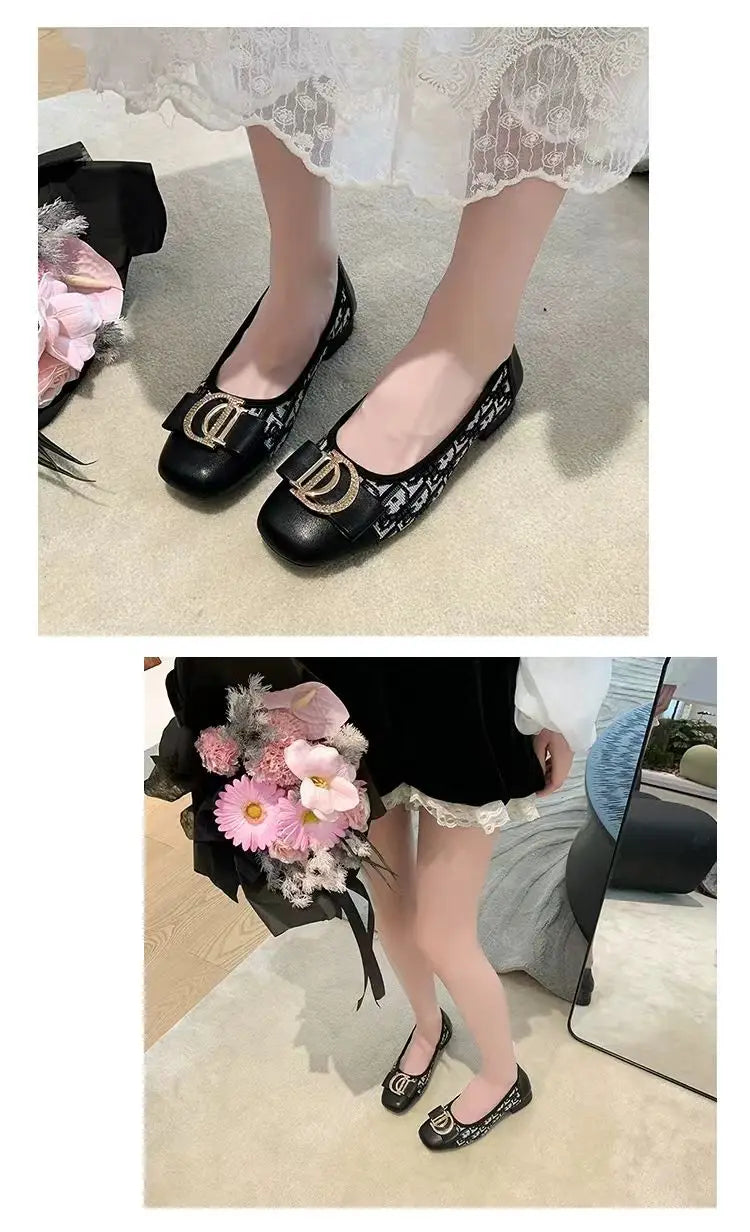 Soft Bottom Women Bean Metal Single Shoes Fashionable Versatile Shallow Mouth Retro Square Head Flat Bottom Coarse Women's Shoes