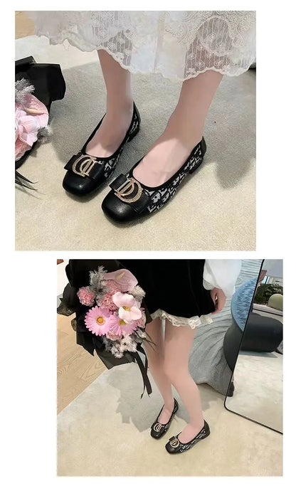 Soft Bottom Women Bean Metal Single Shoes Fashionable Versatile Shallow Mouth Retro Square Head Flat Bottom Coarse Women's Shoes