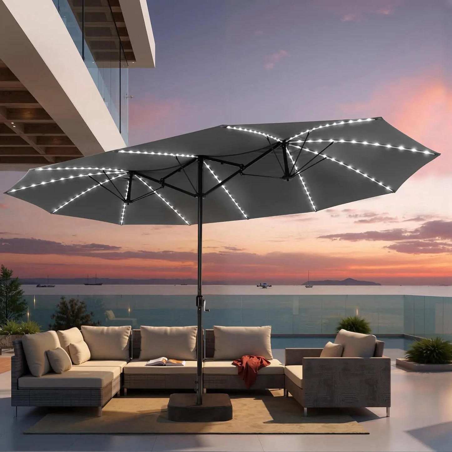 15FT Double Sided Umbrella with 144 LED Solar Lights, Outdoor Patio Umbrella with Base, Large Rectangle Market, Customized