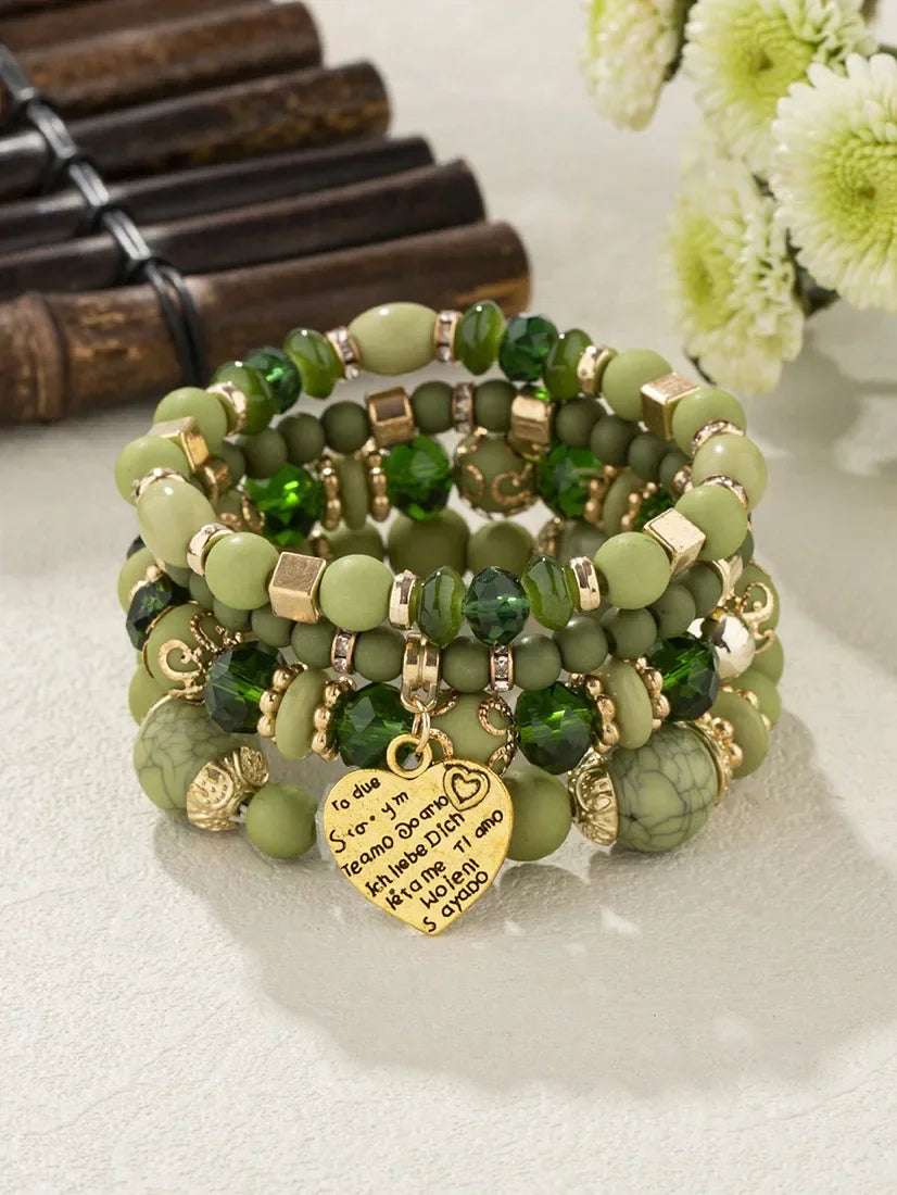 4Pcs Bohemia Acrylic Beaded Bracelet Set For Women Solid Heart Charm Elastic Chain Bangle Men Retro Daily Wear Jewelry Gift