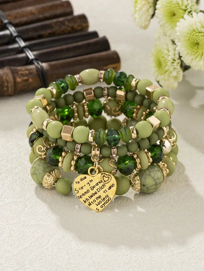 4Pcs Bohemia Acrylic Beaded Bracelet Set For Women Solid Heart Charm Elastic Chain Bangle Men Retro Daily Wear Jewelry Gift
