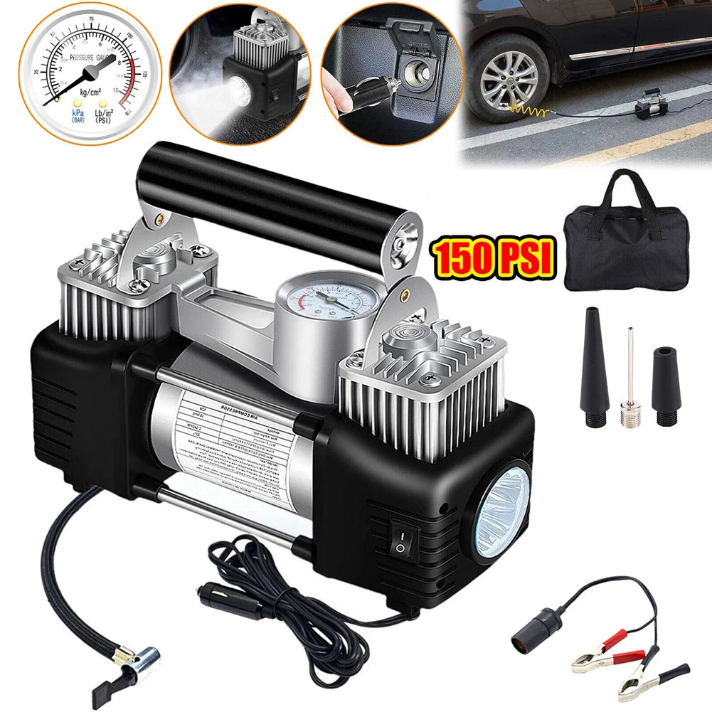 12V Portable Dual Cylinder Air Pump Heavy Duty Car Truck Air Compressor 150PSI Car Digital Tyre Inflator Tyre Inflatable Pump