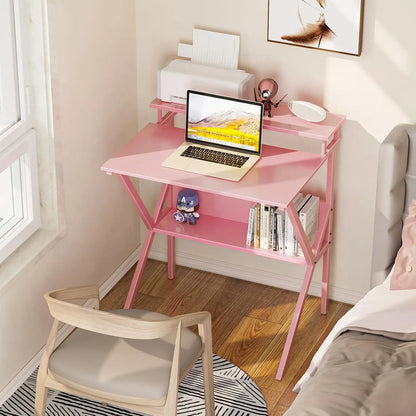 27.5 Inch Small Desk with Storage, Kids Study Table for Small Spaces, Pink Computer Desk with Monitor Stand