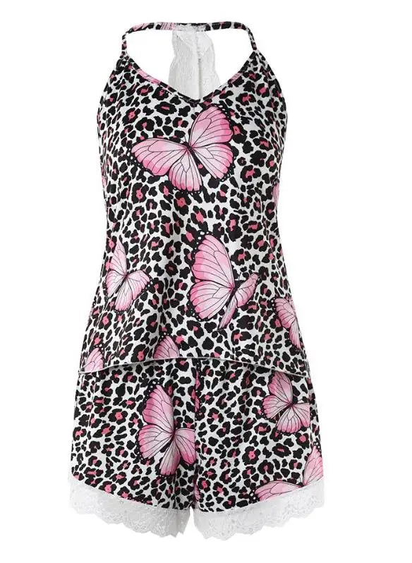 New Fashion 2023 Casual Summer Womens Two Piece Sets Outfit Sexy Floral Print Lace Trim Sleep Cami Set Female Clothing