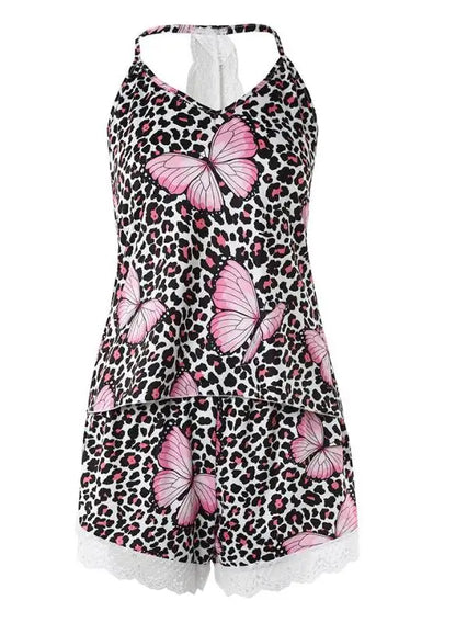 New Fashion 2023 Casual Summer Womens Two Piece Sets Outfit Sexy Floral Print Lace Trim Sleep Cami Set Female Clothing