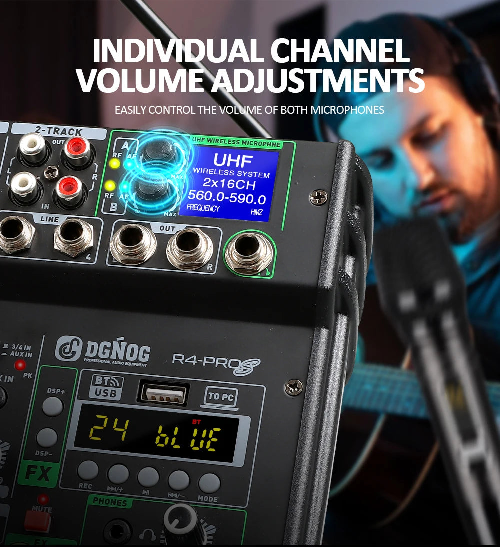 DGNOG Dual UHF Wireless Microphone DJ Audio Mixer 4 Channel Mixer Karaoke Mixer USB Bluetooth for Computer Recording Studio