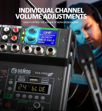 DGNOG Dual UHF Wireless Microphone DJ Audio Mixer 4 Channel Mixer Karaoke Mixer USB Bluetooth for Computer Recording Studio