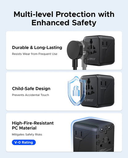 ORICO Universal Travel Adapter Worldwide All-in-One 20W GaN with AC Outlet USB A Type C Dual 10A Fuses Fast Charging EU US UK AU