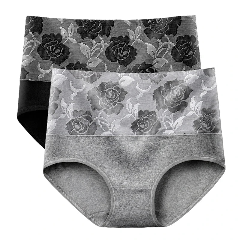2Pcs Plus Size Women's Cotton Underwear High Waisted Tummy Control Panties Full Coverage Briefs Jacquard Ladies Panty Shaper