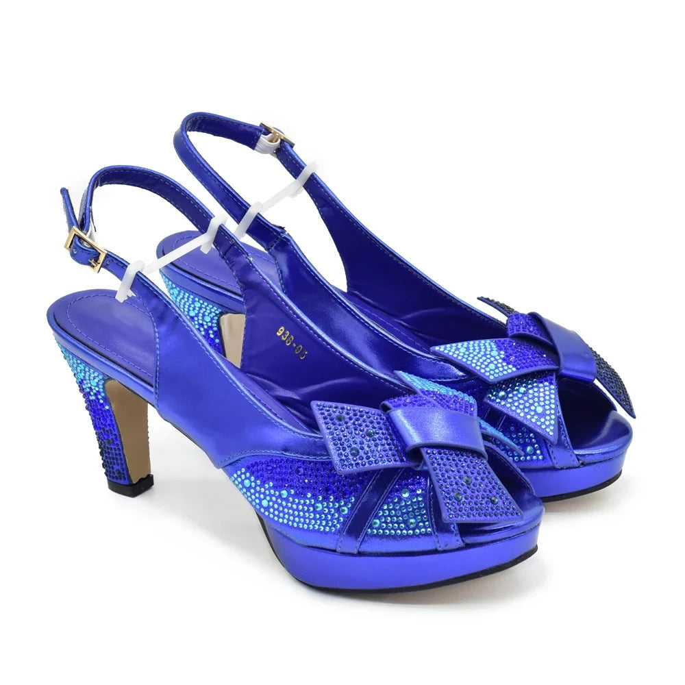New Design Blue Color Matching Bag and Shoes for Ladies Wedding Luxury Rhinestone Elegant Woman Heeled Shoes for Wedding