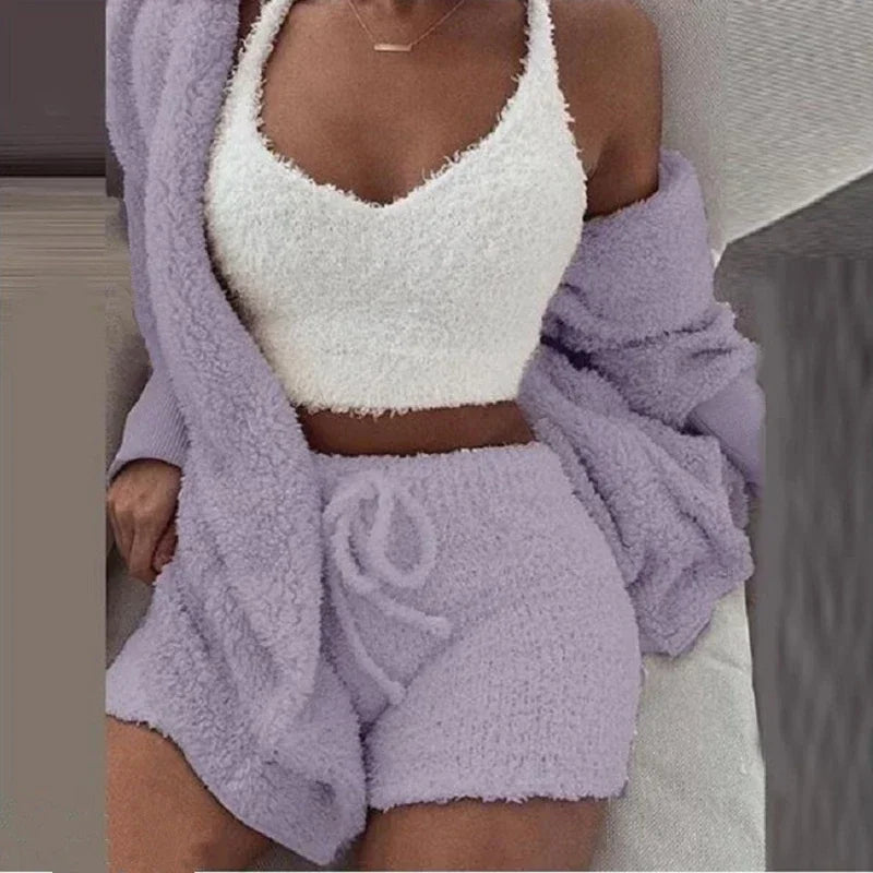 2026 New Women's Velvet Pajamas Set Sexy Crop Top+Shorts+Coat 3 Pieces Suit Sleepwear Casual Soft Clothes Homewear Pyjamas S-3XL