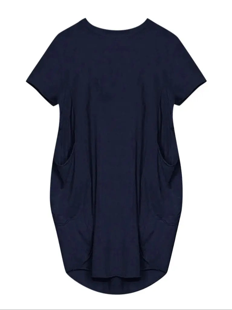 Plus Size Women Short Sleeve O-Neck Loose Casual Dresses Casual Short Sleeve Shirt Mini Dresses Round Neck Pockets Sexy Female T