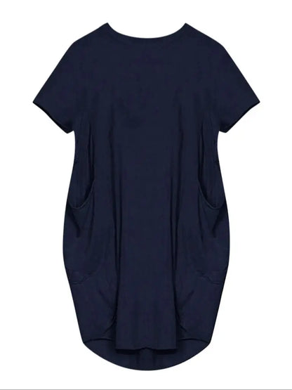 Plus Size Women Short Sleeve O-Neck Loose Casual Dresses Casual Short Sleeve Shirt Mini Dresses Round Neck Pockets Sexy Female T