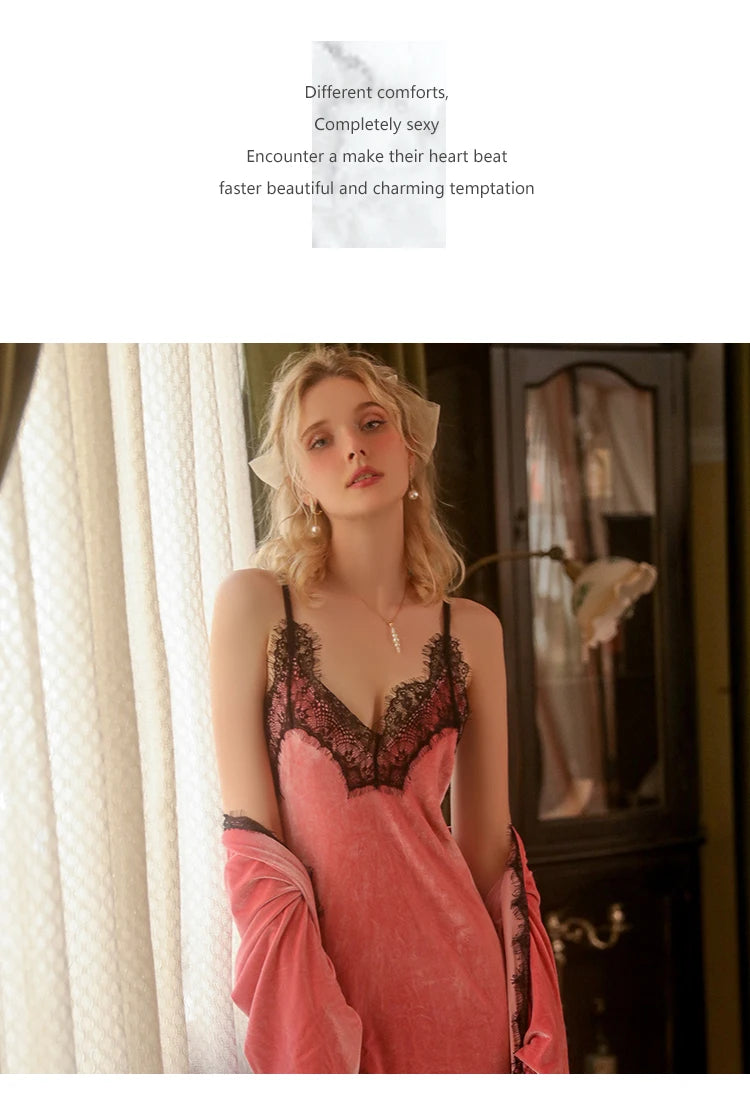 REBEYULI Brand Sexy Sleepwear Women 2026 Autumn Lace Sweet Solid Night Dress Long Soft Comfortable Velvet Robe Gown Sets Women