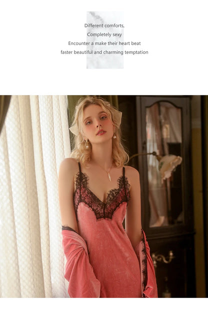 REBEYULI Brand Sexy Sleepwear Women 2026 Autumn Lace Sweet Solid Night Dress Long Soft Comfortable Velvet Robe Gown Sets Women