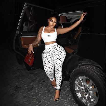 Sexy Women Two Piece Set Slim Fit Vest Pants Y2K Fashion High Street Retro Crescent Print Matching Outfit