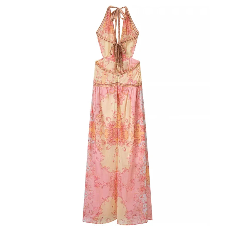 Vintage Floral Halter Deep V Neck Women's Dress Sexy Side Waist Cutout Flowy Long Sundress Summer New Chic Vacation Party Outfit