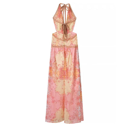 Vintage Floral Halter Deep V Neck Women's Dress Sexy Side Waist Cutout Flowy Long Sundress Summer New Chic Vacation Party Outfit