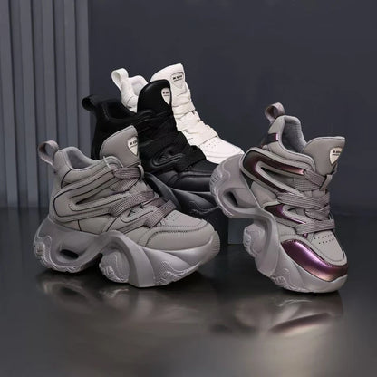 Chunky Platform Hidden Height Increasing Sneakers Casual Lace Up Shoes In White And Grey With Hollow Out Design For Streetwear