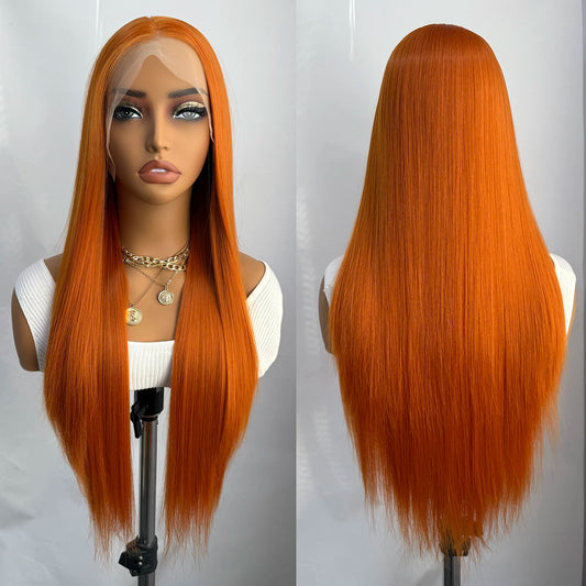 AIMEYA 13x4 Lace Orange Wig Lace Front Natural Hairline Synthetic Long Silky Straight Wig Daily Wear Heat Resistant Fiber