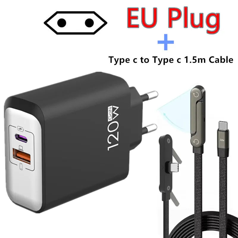 120W PD Fast Charger Type C Quick Charge USB C Wall Charger Adapter For iPhone 17 16 15 Samsung Xiaomi OPPO 2-in-1 Data Cable﻿﻿