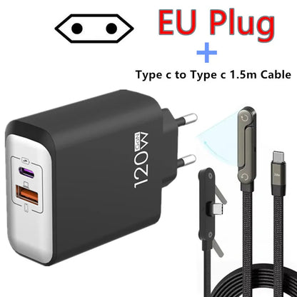 120W PD Fast Charger Type C Quick Charge USB C Wall Charger Adapter For iPhone 17 16 15 Samsung Xiaomi OPPO 2-in-1 Data Cable﻿﻿