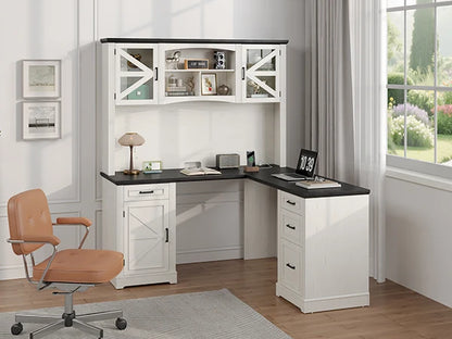 72" L-Shaped Executive Desk with Hutch, Farmhouse Home Office Desk, Wood L Shaped Computer Desks, Withe Computer Workstations