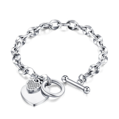 1pc Stainless Steel Bracelet With Heart Pendant, Double Heart OT Buckle Couple Bracelet Unisex