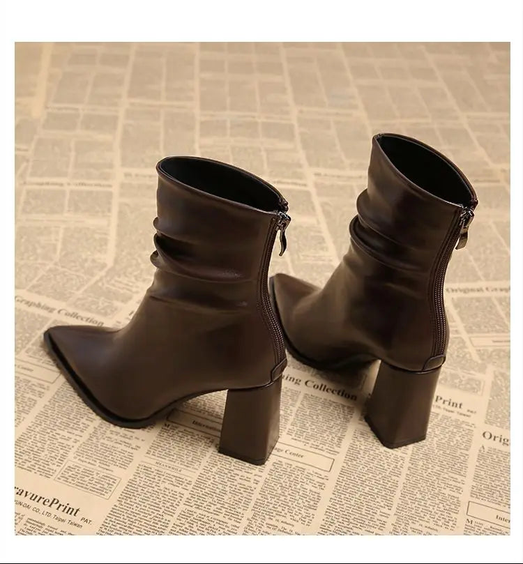 Autumn Womnen's High Heel Ankle Boots New Winter Plus Velvet Pointed Toe Chunky Heel Chelsea Boots for Women Heeled Sheos Dress