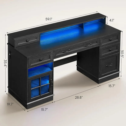 Administrative desk with drawers, computer desk with file drawers, power sockets, and LED lights, administrative desk