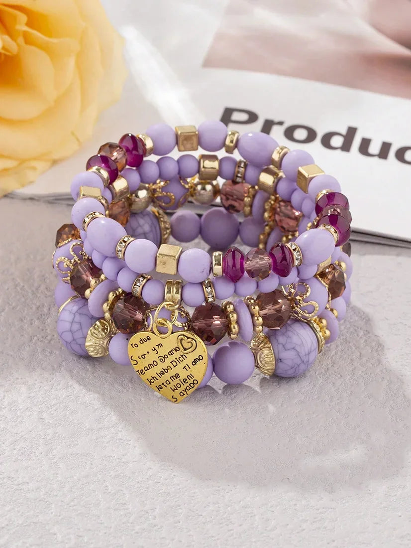 4Pcs Bohemia Acrylic Beaded Bracelet Set For Women Solid Heart Charm Elastic Chain Bangle Men Retro Daily Wear Jewelry Gift