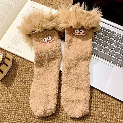 Funny Big Mouth Monster Plush Socks Cute And Fun Plush Socks Thick Coral Velvet Cartoon Sleeping Socks Winter Women Socks Gifts